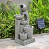 Living and Home Grey Layered Cascade Solar-powered Water Fountain for Outdoors, LED Lights, Handmade, Low-Maintenance, Resin, Water Feature