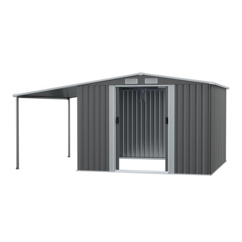 Living and Home Outdoor Metal Storage Shed with Lean-to, Dark Grey