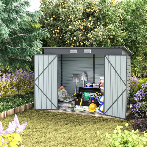 Living and Home 182.6cm H Outdoor Galvanized Steel Storage Shed with Dual Doors, Grey
