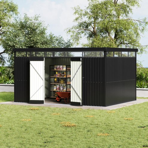 Living and Home 4x3x2m Charcoal Black Galvanized Steel Storage Shed with Lockable Doors