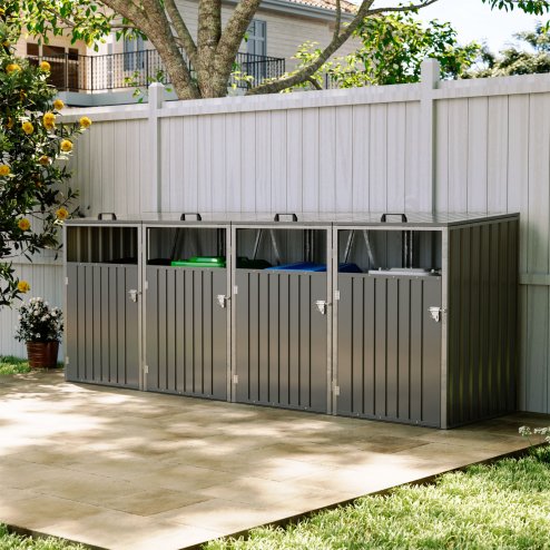 Living and Home 4 Bin Storage Shed Heavy-duty Galvanized Steel Outdoor Bin Store with Lift-up Lids & Lockable Doors