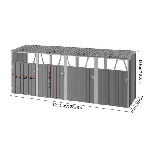 Living and Home 4 Bin Storage Shed Heavy-duty Galvanized Steel Outdoor Bin Store with Lift-up Lids & Lockable Doors
