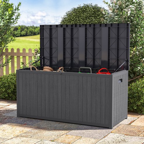 Living and Home 430L Grey Waterproof Garden Storage Box with Dual Handles and Lockable Lid - Large Plastic Tool & Equipment Storage