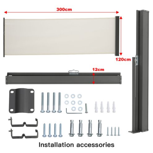 Living and Home Beige Outdoor Retractable Privacy Side Awning, 300cm (W) x 120cm (H)