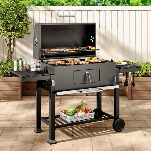 Living and Home Portable Outdoor Charcoal BBQ Grill with Side Shelves