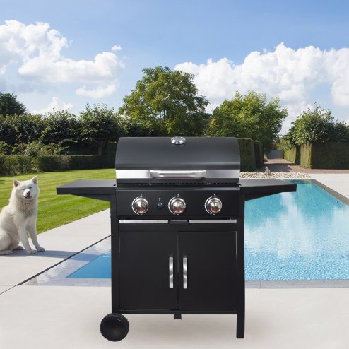 Living and Home 3-Burner Outdoor BBQ Propane Gas Grill with Wheels