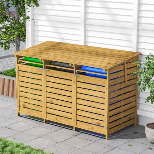 Living and Home Triple-Bin Wheelie Bin Storage Shed - Fir Wood Outdoor Dustbin Cabinet, Lockable Garden Bin Store (3 x 240L)