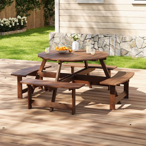 Living and Home 8-Person Round Wood Picnic Table and Bench Set