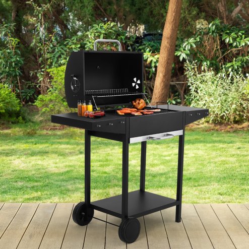 Living and Home Outdoor Carbon Steel Garden Charcoal Grill with Shelf and Wheels