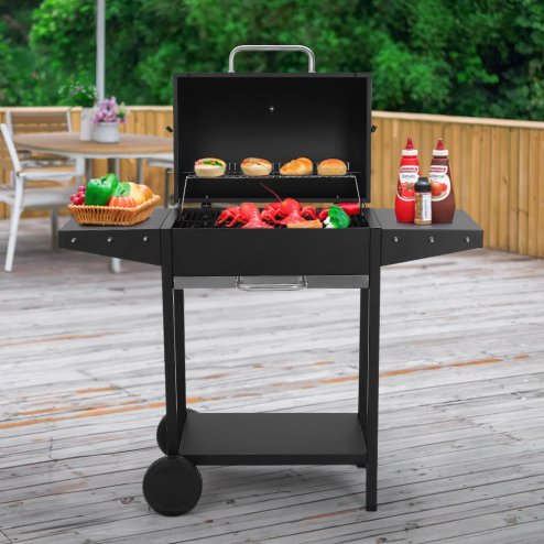 Living and Home Outdoor Carbon Steel Garden Charcoal Grill with Shelf and Wheels