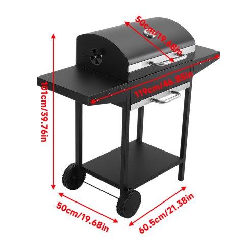 Living and Home Outdoor Carbon Steel Garden Charcoal Grill with Shelf and Wheels