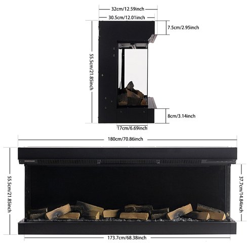 Living and Home 70Inch 3-Sided Smart Electric Fireplace with Remote Control