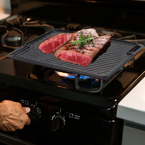 Living and Home Black Cast Iron Grill Pan, 46cm W x 26cm D x 1.5cm H