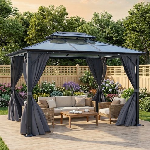 12 x 10FT Metal Frame Hardtop Patio Gazebo with Curtains