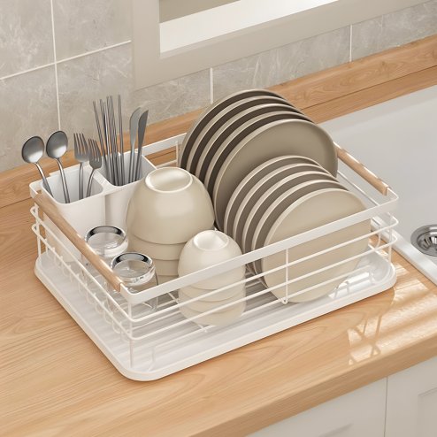 Living and Home Iron Dish Drainer Rack with Removable Drip Tray - Compact Sink Organizer with Wooden Handle, Ventilated Slots & Plastic Utensil Bins