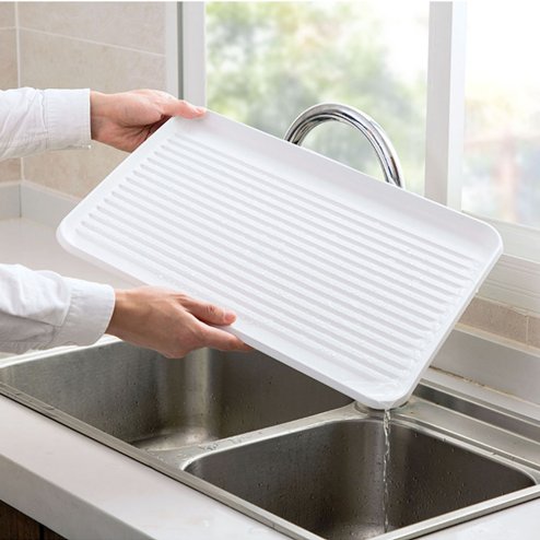 Living and Home Iron Dish Drainer Rack with Removable Drip Tray - Compact Sink Organizer with Wooden Handle, Ventilated Slots & Plastic Utensil Bins