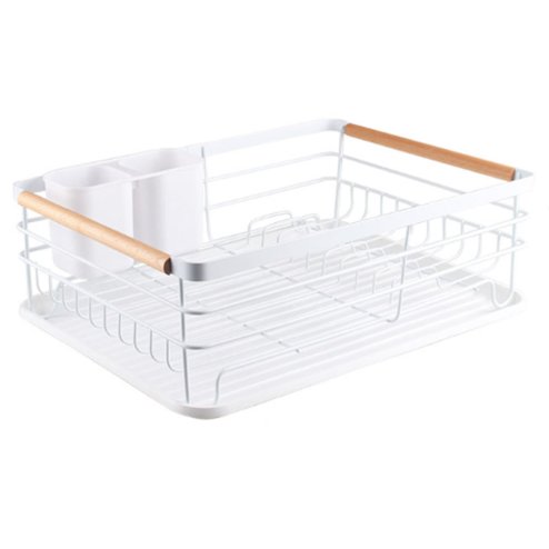 Living and Home Iron Dish Drainer Rack with Removable Drip Tray - Compact Sink Organizer with Wooden Handle, Ventilated Slots & Plastic Utensil Bins