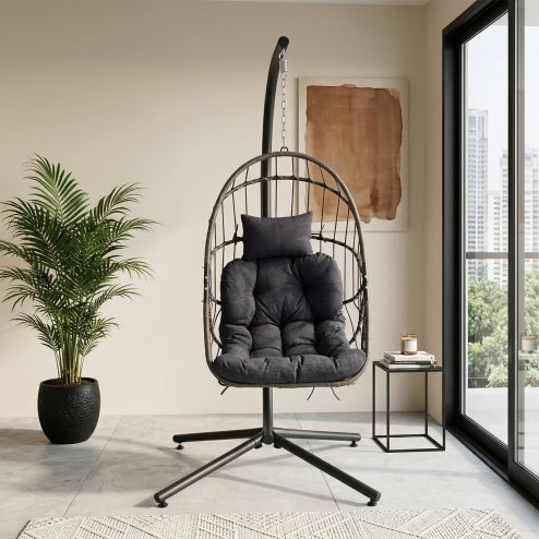 Swing Hanging Egg Chair with Cushion and Headrest, Grey+Black