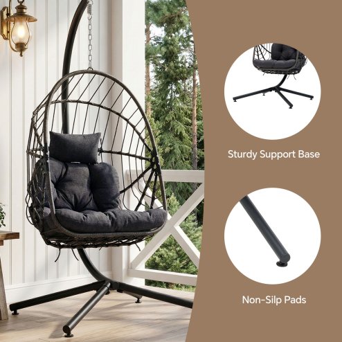 Swing Hanging Egg Chair with Cushion and Headrest, Grey+Black