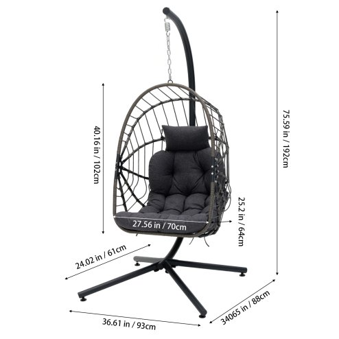 Swing Hanging Egg Chair with Cushion and Headrest, Grey+Black