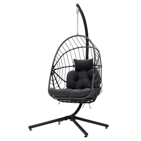 Swing Hanging Egg Chair with Cushion and Headrest, Grey+Black