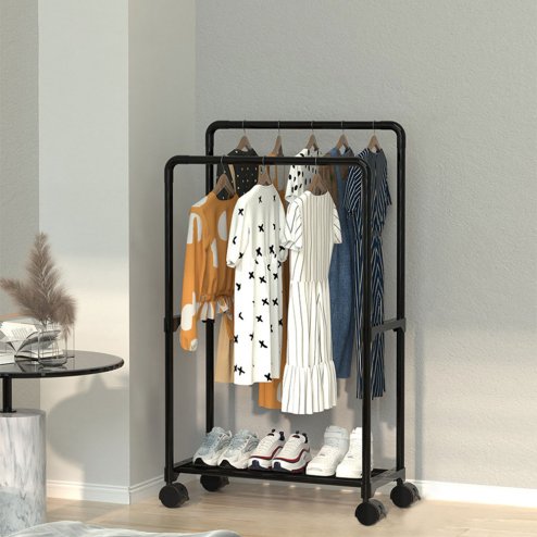 Living and Home ﻿Double Rod Metal Clothes Rack on Wheels