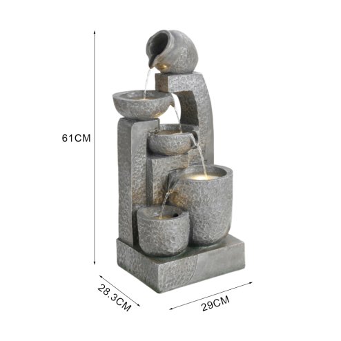 Living and Home Grey Layered Cascade Solar-powered Water Fountain for Outdoors, LED Lights, Handmade, Low-Maintenance, Resin, Water Feature