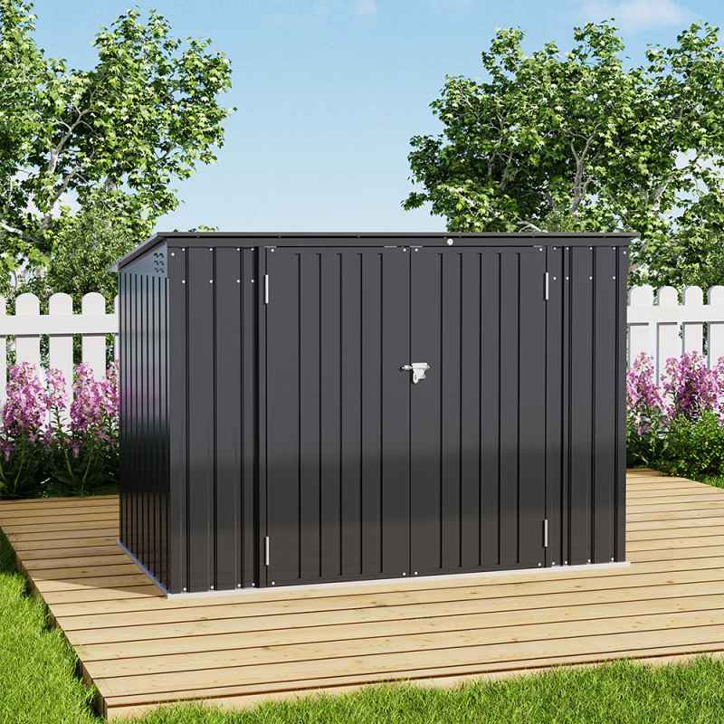 Living and Home Charcoal Black Metal Bike & Tool Shed Outdoor Storage Shed for Rubbish Bin with Lockable Double Doors, Ventilated, Gas Strut Lid