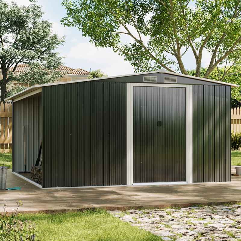 Living and Home 8ft x 8ft Garden Metal Storage Shed with Log Storage, Black
