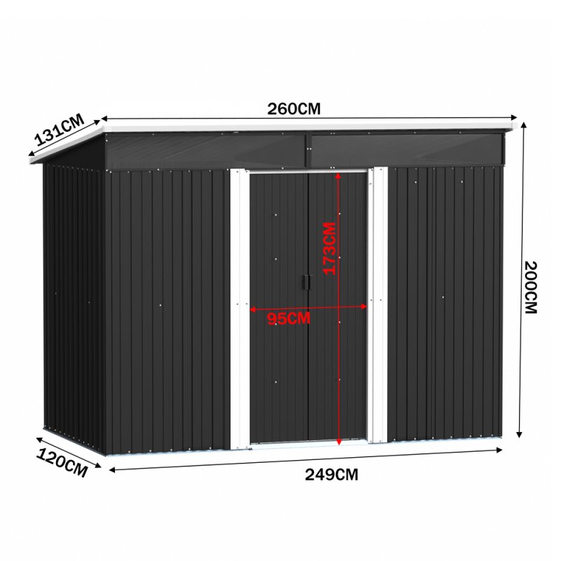 Living and Home 8 x 4 ft Garden Metal Storage Shed with Lockable Sliding Doors, Charcoal Black