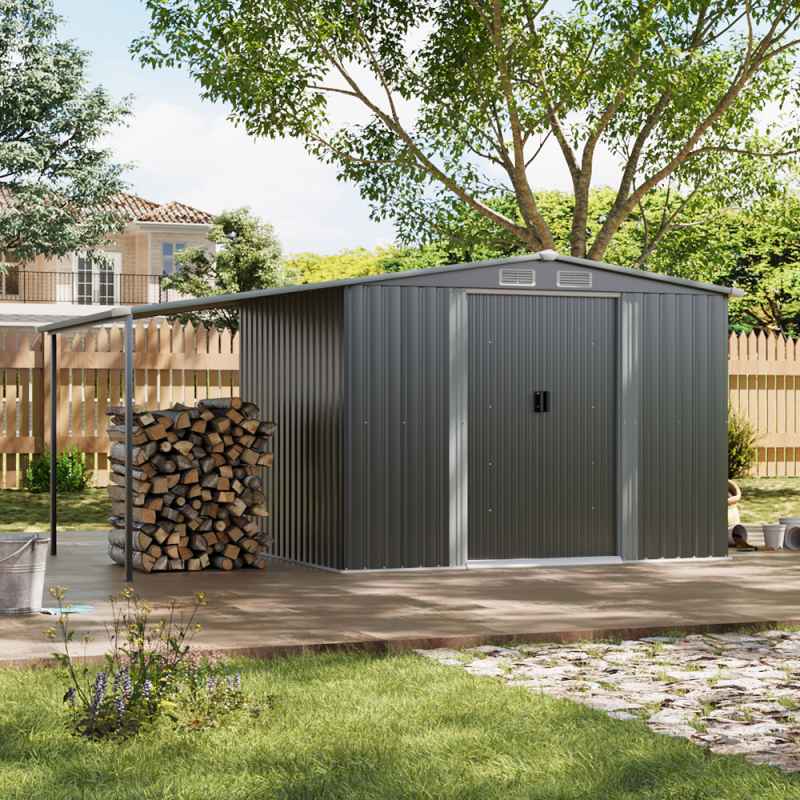 Living and Home 8 x 6 ft Outdoor Metal Storage Shed with Lean-to, Dark Grey