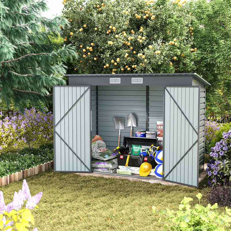Living and Home 182.6cm H Outdoor Galvanized Steel Storage Shed with Dual Doors, Grey
