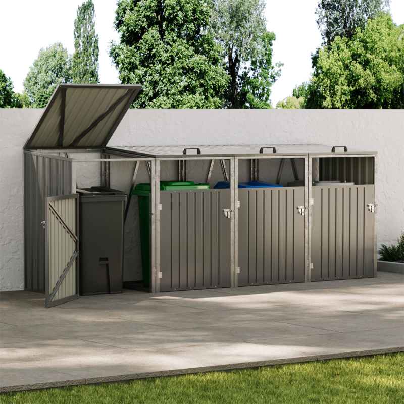Living and Home 4 Bin Storage Shed Heavy-duty Galvanized Steel Outdoor Bin Store with Lift-up Lids & Lockable Doors