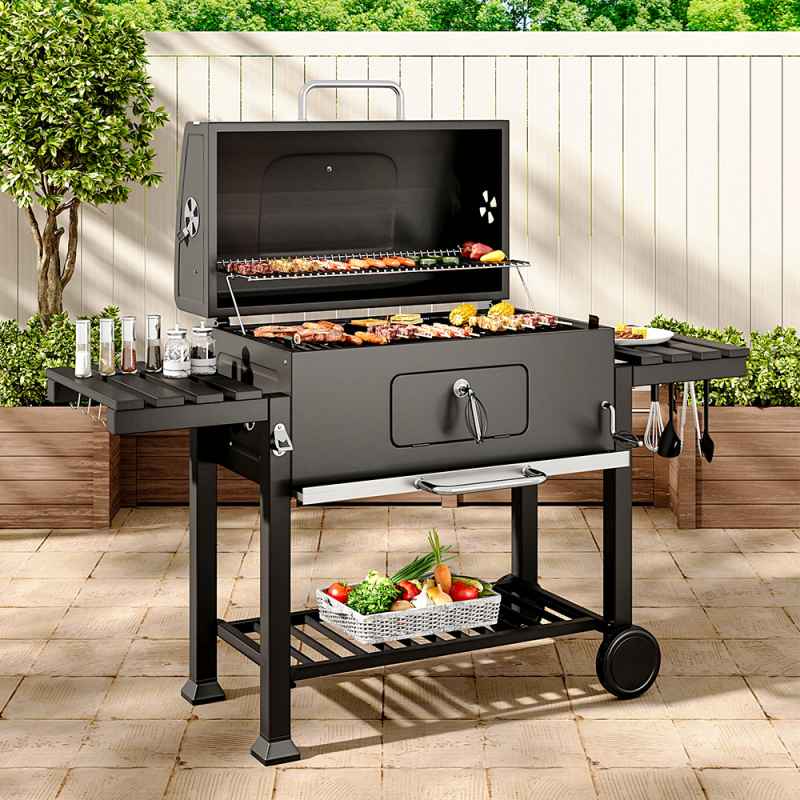 Living and Home Portable Outdoor Charcoal BBQ Grill with Side Shelves
