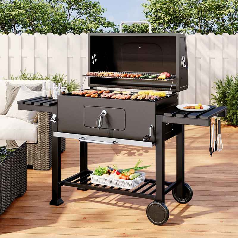 Living and Home Portable Outdoor Charcoal BBQ Grill with Side Shelves