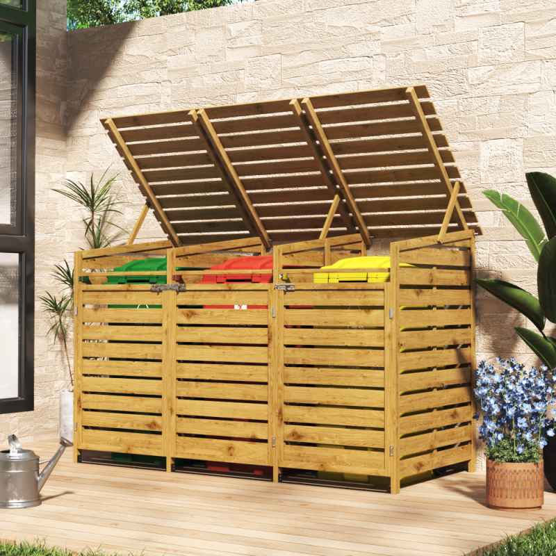 Living and Home Triple-Bin Wheelie Bin Storage Shed - Fir Wood Outdoor Dustbin Cabinet, Lockable Garden Bin Store (3 x 240L)