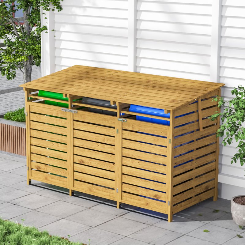 Living and Home Triple-Bin Wheelie Bin Storage Shed - Fir Wood Outdoor Dustbin Cabinet, Lockable Garden Bin Store (3 x 240L)