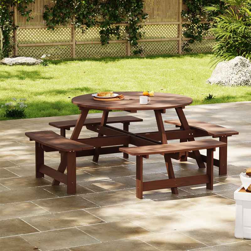 Living and Home 8-Person Round Wood Picnic Table and Bench Set