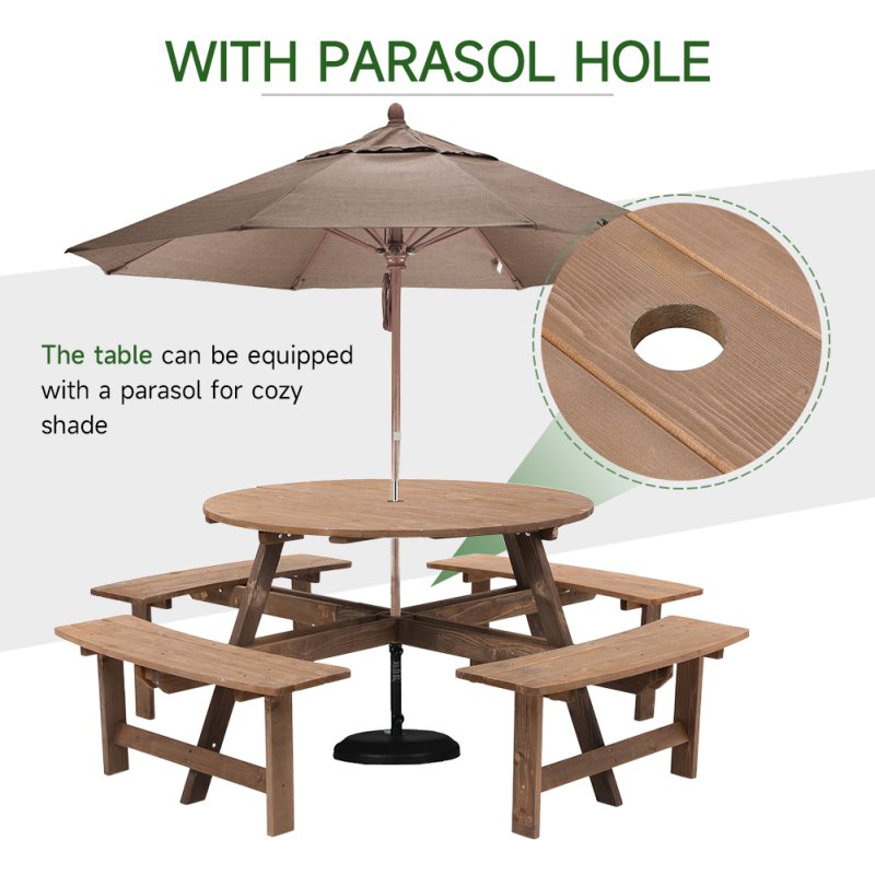 Living and Home 8-Person Round Wood Picnic Table and Bench Set