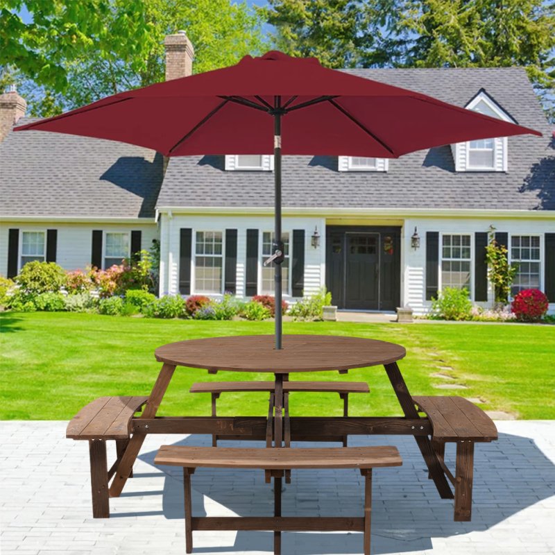 Living and Home 8-Person Round Wood Picnic Table and Bench Set
