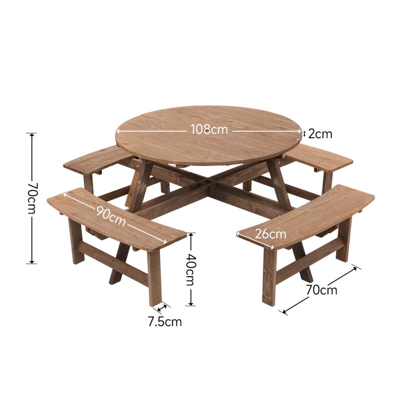 Living and Home 8-Person Round Wood Picnic Table and Bench Set