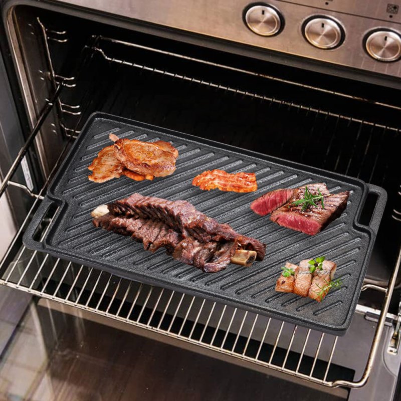 Living and Home Black Cast Iron Grill Pan, 46cm W x 26cm D x 1.5cm H