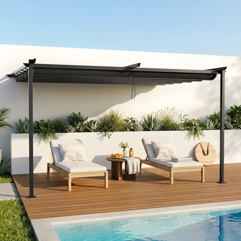 10 x 10FT Outdoor Lean To Retractable Pergola with Canopy