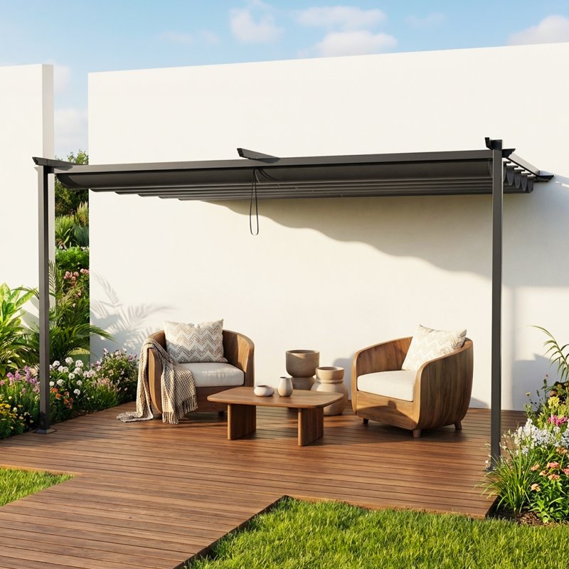 10 x 10FT Outdoor Lean To Retractable Pergola with Canopy
