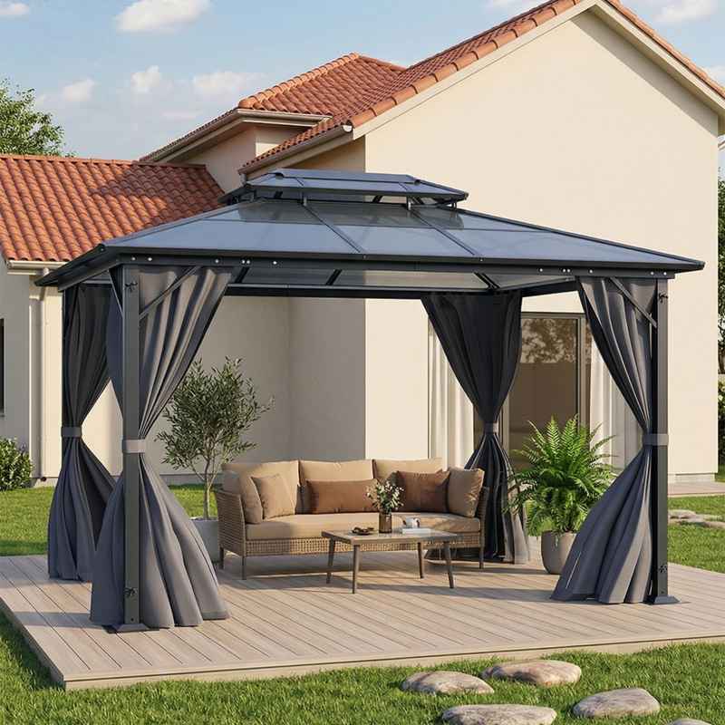 12 x 10FT Metal Frame Hardtop Patio Gazebo with Curtains