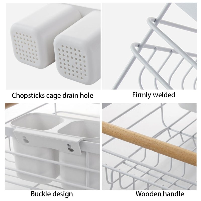 Living and Home Iron Dish Drainer Rack with Removable Drip Tray - Compact Sink Organizer with Wooden Handle, Ventilated Slots & Plastic Utensil Bins