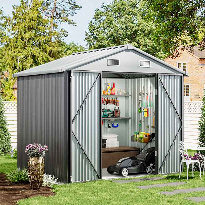 7.83 x 6.1FT Apex Roof Metal Garden Storage Shed with Lockable Door, Grey+White