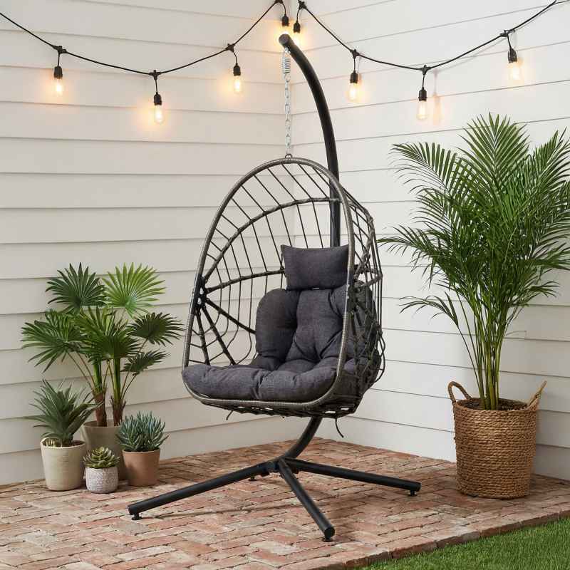 Swing Hanging Egg Chair with Cushion and Headrest, Grey+Black