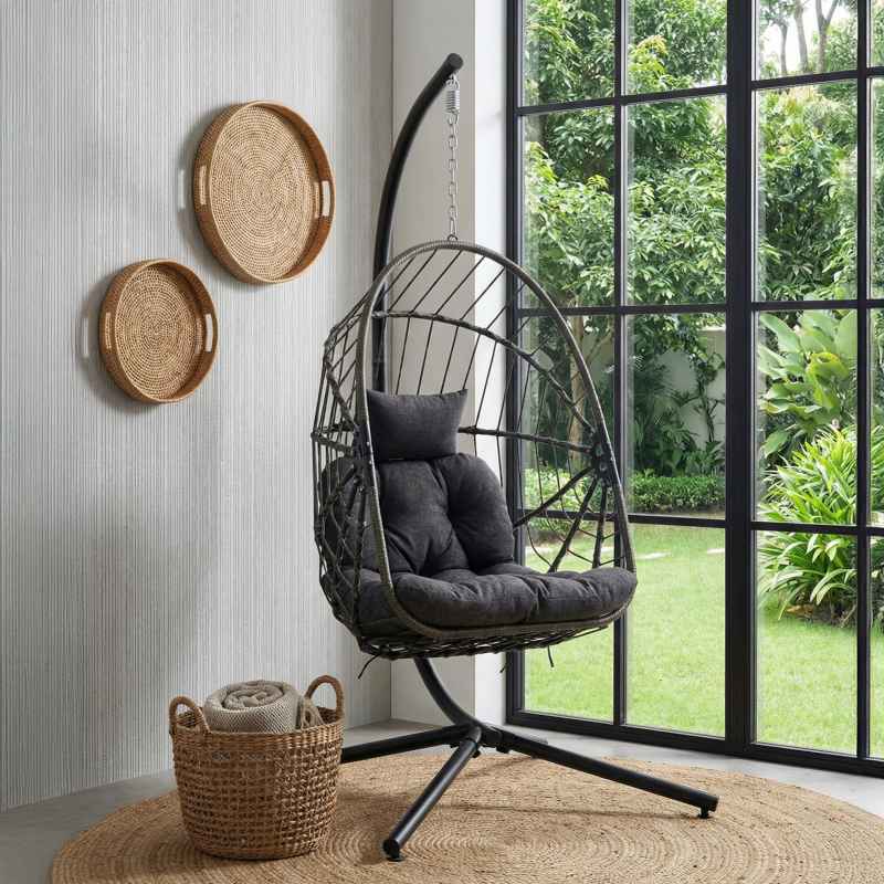 Swing Hanging Egg Chair with Cushion and Headrest, Grey+Black