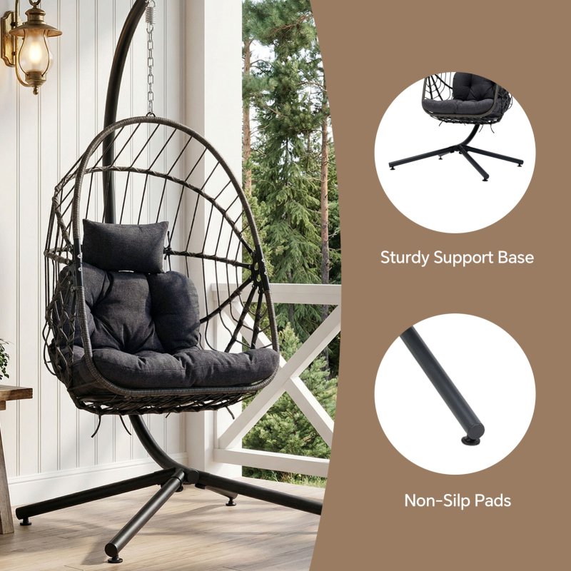 Swing Hanging Egg Chair with Cushion and Headrest, Grey+Black